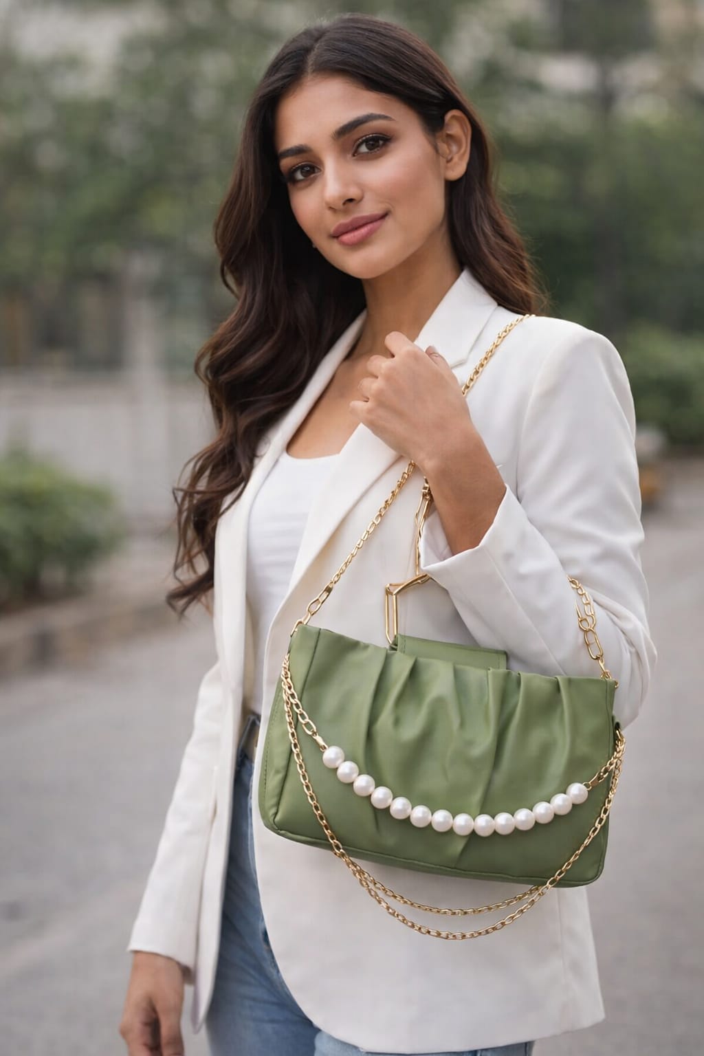 Elegant Brown & Green Pearl Chain Handbag for Women | Stylish Party & Casual Bag